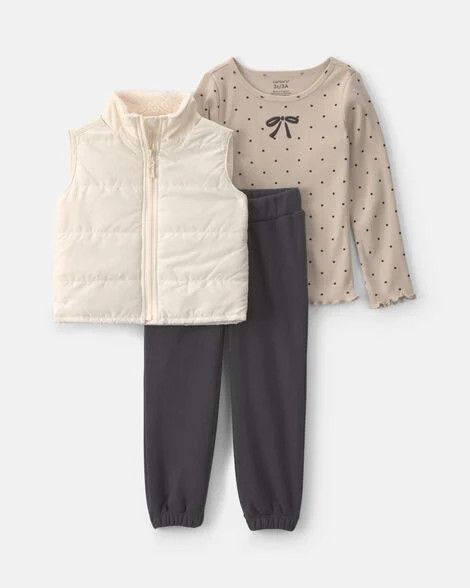 Toddler Girl 3-Piece Bow Polka Dots Fleece Long-Sleeve Layering Set - Brown/Cream | Carter's | Carter's Inc