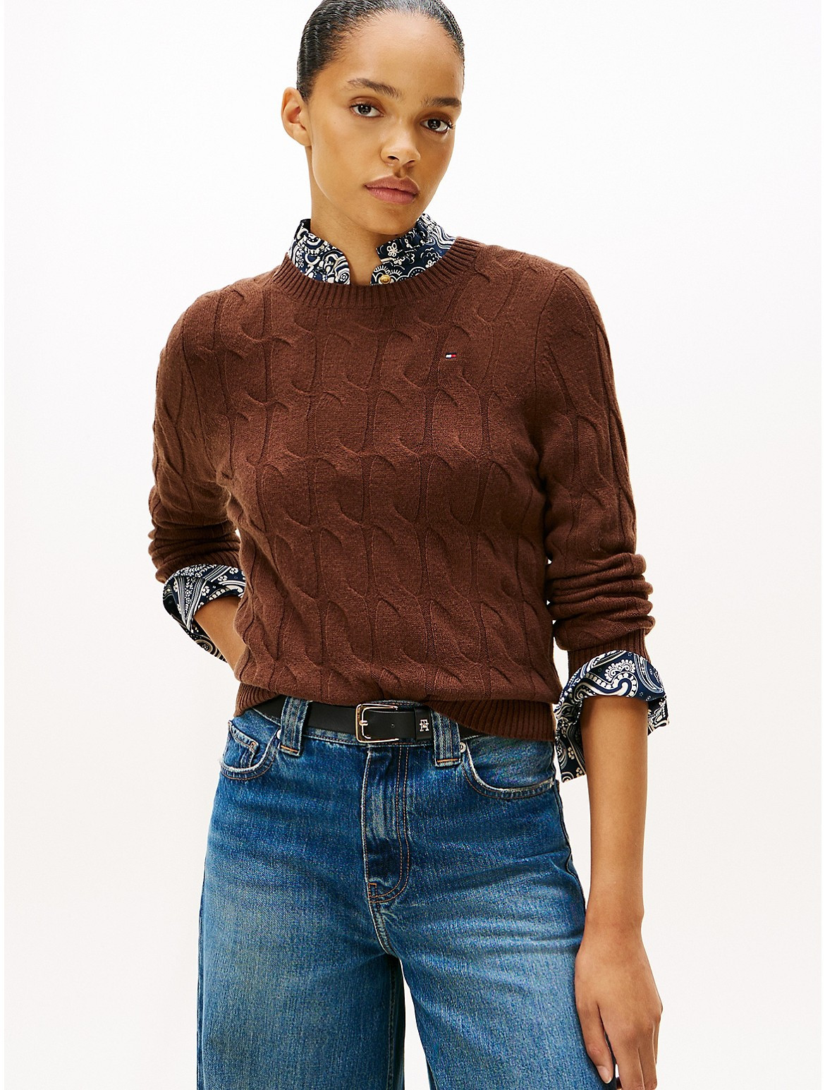 Tommy Hilfiger Women's Wool Cable Knit Sweater - Brown - M | Tommy Hilfiger (US)