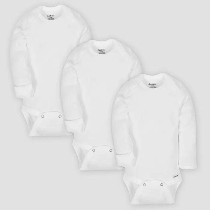 Gerber Baby Organic Cotton 3pk Long Sleeve Onesies Bodysuit with Mitten Cuff - White | Target