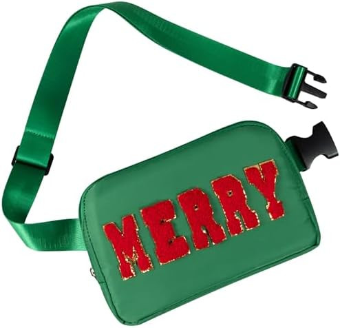 Christmas Merry Crossbody Bag, Holiday Belt Bag Fanny Pack with Embroidered Letter Patch, Red Chr... | Amazon (US)