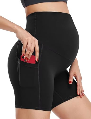 HOFISH Women's Maternity Yoga Shorts Over The Belly Summer Active Workout Running Pants Pockets Black L | Amazon (US)