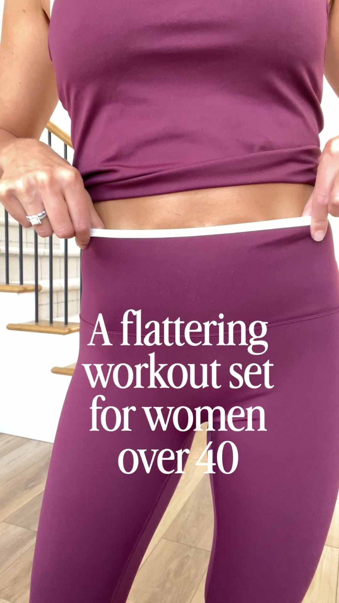 A cute and flattering workout set for us women over 40 and want some good coverage. Love the white trim detail around the waist and on the tank. The fabric is super smooth. I am in a size small. Love the maroon color. Pair it with a cute hoodie and Nike sneakers of course  

#LTKOver40 #LTKootd #LTKActive