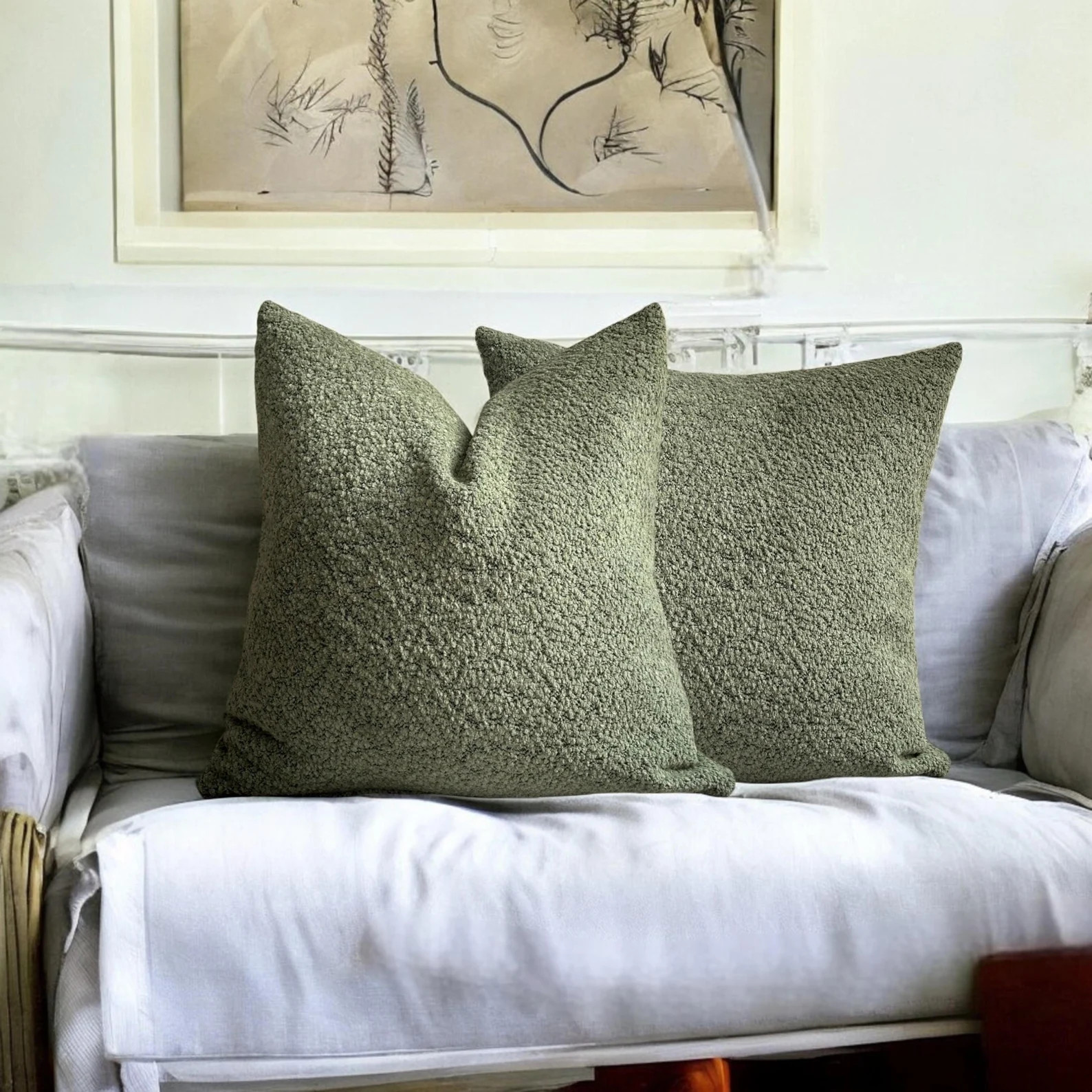 Moss Green Boucle Pillow Case, Green Cotton Boucle Throw Pillow Cover, Green Cozy Boucle Pillow, ... | Etsy (US)