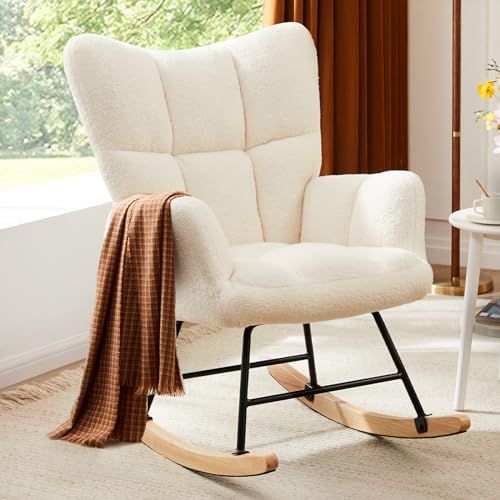 Sweetcrispy Rocking Chair Nursery, Teddy Upholstered Glider Rocker with High Backrest, Reading Ch... | Amazon (US)