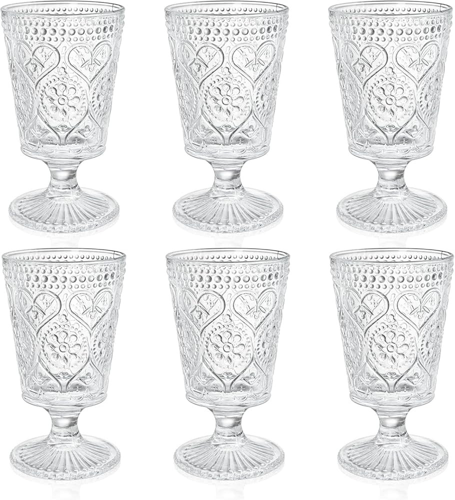 Set of 6 Clear Glass Goblet, 12 Oz Vintage Romantic Wine Glasses, Embossed Floral Glass Cups Set,... | Amazon (US)