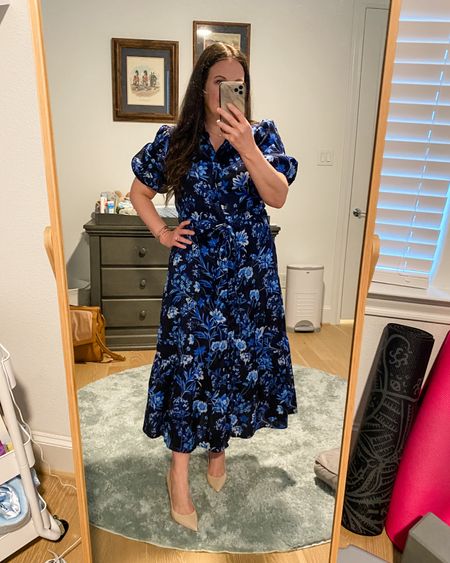 Work outfit / spring outfit / blue floral dress / spring dresses / workwear / shorts sleeve dress great for a shower or luncheon 
Wearing a medium 

#LTKworkwear #LTKover40 #LTKSeasonal