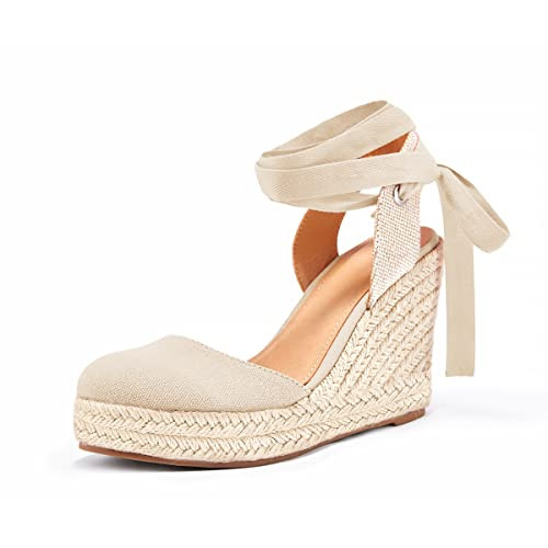 FISACE Womens Summer Lace Up Espadrilles Wedge Sandals Closed Toe Ankle Strap Platform Shoes | Amazon (US)