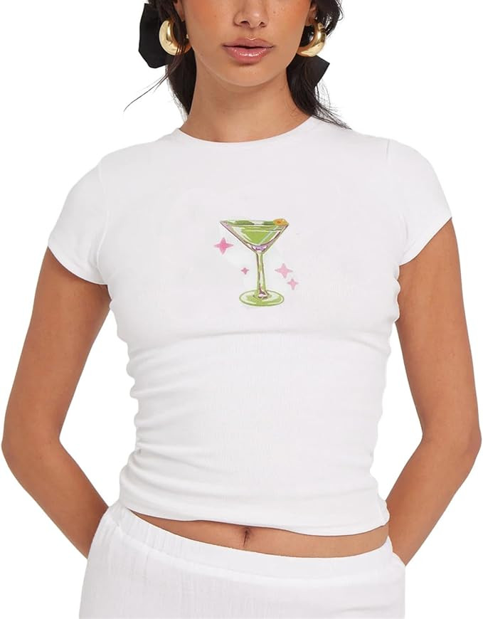 Y2k Graphic Baby Tees Top for Women Short Sleeve Shirt Slim Fitted Crop Top Aesthetic Printed Tee... | Amazon (US)