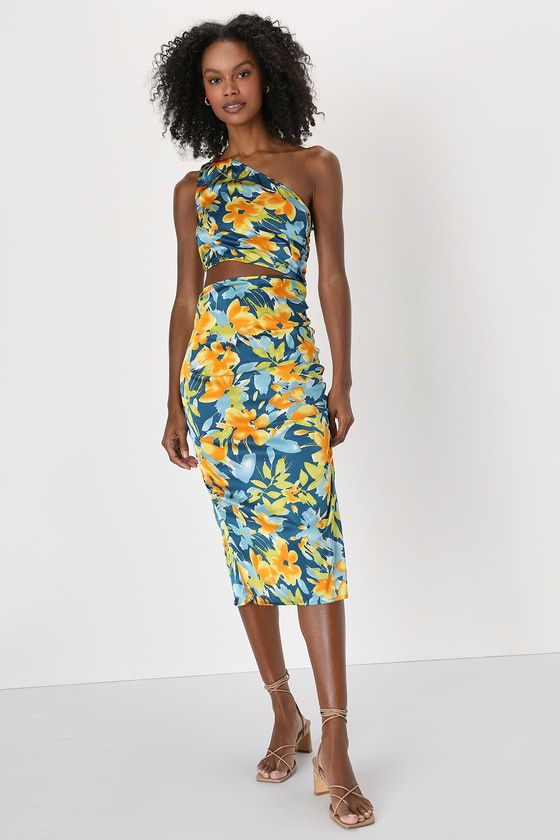 Vacay Ways Teal Floral Satin One-Shoulder Cutout Midi Dress | Lulus (US)