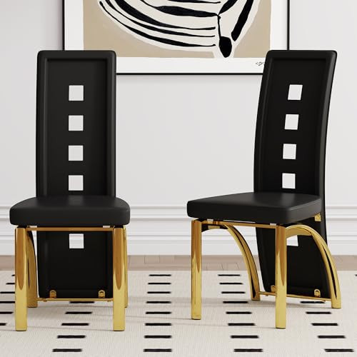 Svmdcu Modern Dining Chairs Set of 2, Black Dining Room Chairs Set of 2, Upholstered PU Leather Kitchen Chairs with Gold Metal Legs, High Backrest Armless Seating for Kitchen, Dining Room | Amazon (US)