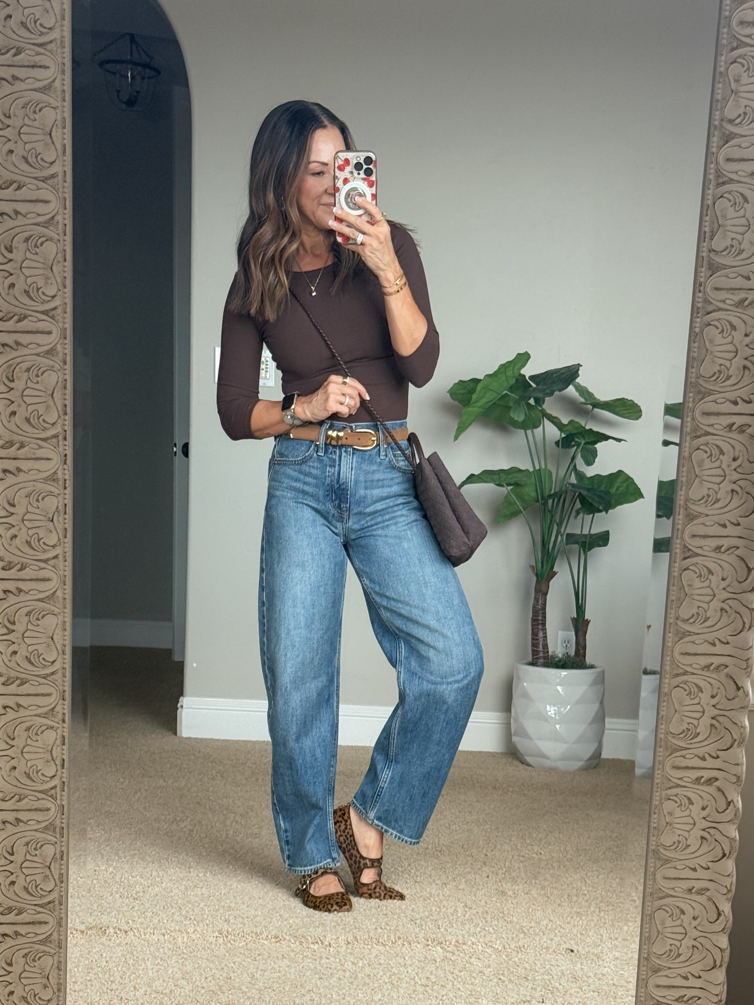 Easy every day fall outfit. Chocolate brown three-quarter length sleeve ribbed top XS great for bearing and barrel like jeans 24 short that come in length options. The cutest little leopard Mary Jane, and chocolate, brown designer inspired bag.

#LTKStyleTip #LTKPetite #LTKOver40