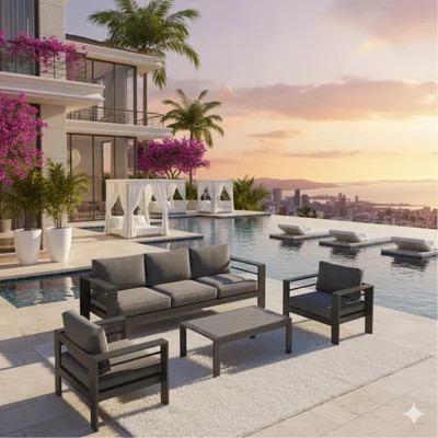 4-Piece Modern Aluminum Patio Conversation Set,  5-Seat Outdoor Sofa With  Thick Dark Gray Cushions & Gray Frame And Coffee Table | Wayfair North America