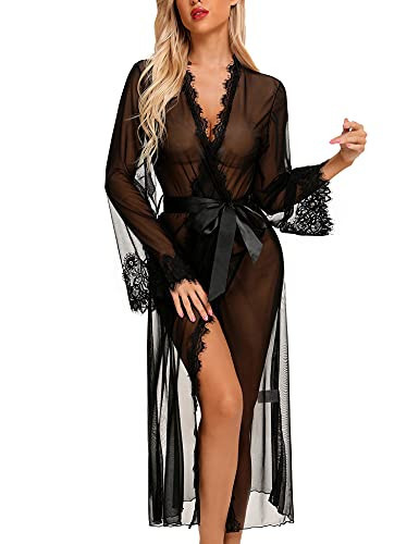 RSLOVE Lingerie for Women Sexy Long Lace Kimono Robe Mesh Chemise Sheer Gown Cover Up Black XXL | Amazon (US)
