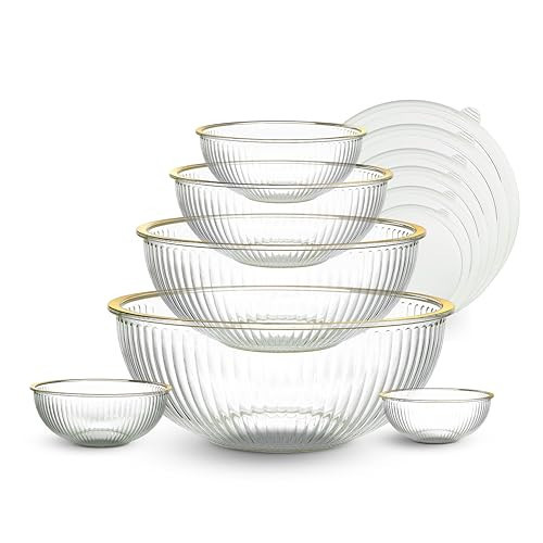 COOK WITH COLOR 12 Pc Glass Mixing Bowl Set with Lids – Borosilicate Glass Nesting Bowls for Cooking, Baking and Meal Prep, Fluted with Gold Rim | Amazon (US)