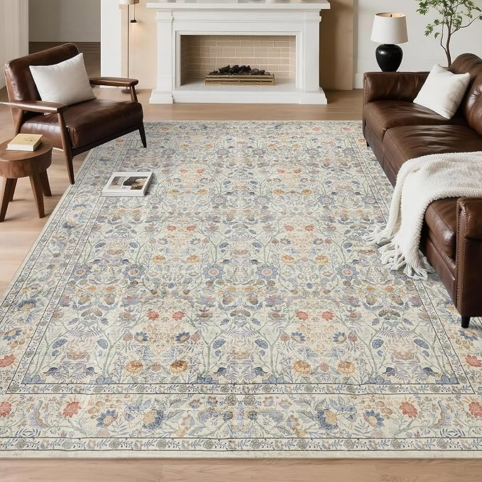 Washable Living Room Rug: 5x7 Boho Floral Soft Area Rug for Bedroom Decor - Vintage Low Pile Thin... | Amazon (US)