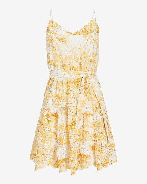 Printed Eyelet V-Neck Tie Waist Tiered Trapeze Dress | Express