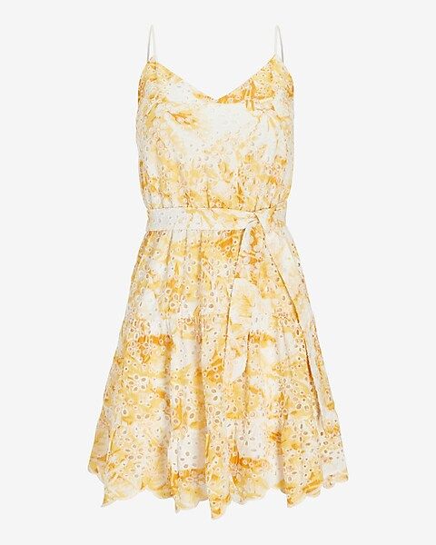 Printed Eyelet V-Neck Tie Waist Tiered Trapeze Dress | Express