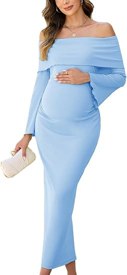 Off The Shoulder Maternity Dress Bell Sleeves Ruched Bodycon Maxi Elegant Pregnancy Dresses Baby ... | Amazon (US)