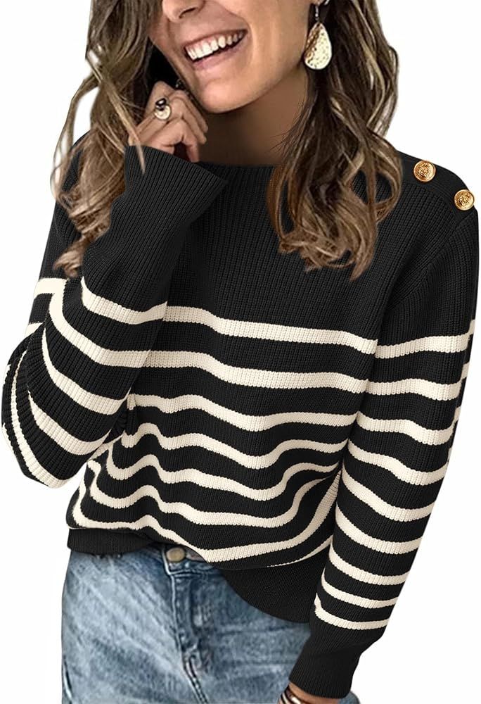 KIRUNDO Sweaters for Women 2024 Fall Striped Long Sleeve Ribbed Knit Sweater Loose Crew Neck Soft... | Amazon (US)