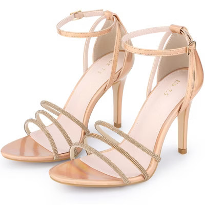 BLISSFUL STEP Women's Rhinestone Ankle Strap Open Toe Heeled Sandals Rose Gold 8.5 | Target