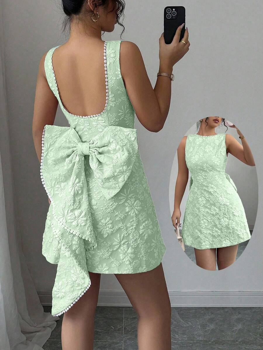 Elenzga Women's Elegant U-Neck Backless Bowknot Tie Short Dress, Spring/Summer | SHEIN