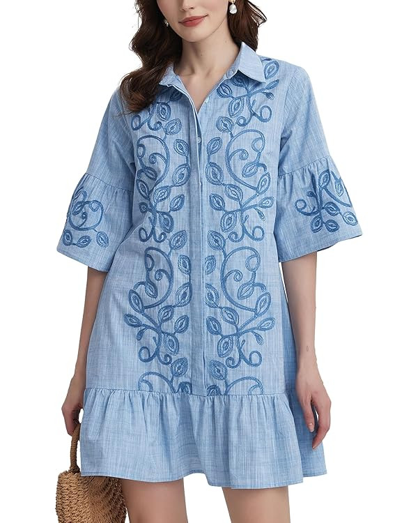 Kedera Women's Summer Button Down Shirt Embroidered Dress Ruffle Sleeve Shift Mini Dresses with P... | Amazon (US)