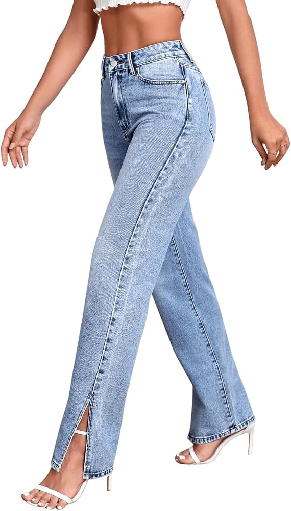 SweatyRocks Women's High Rise Zip Up Jeans Casual Split Hem Straight Leg Washed Denim Pants | Amazon (US)