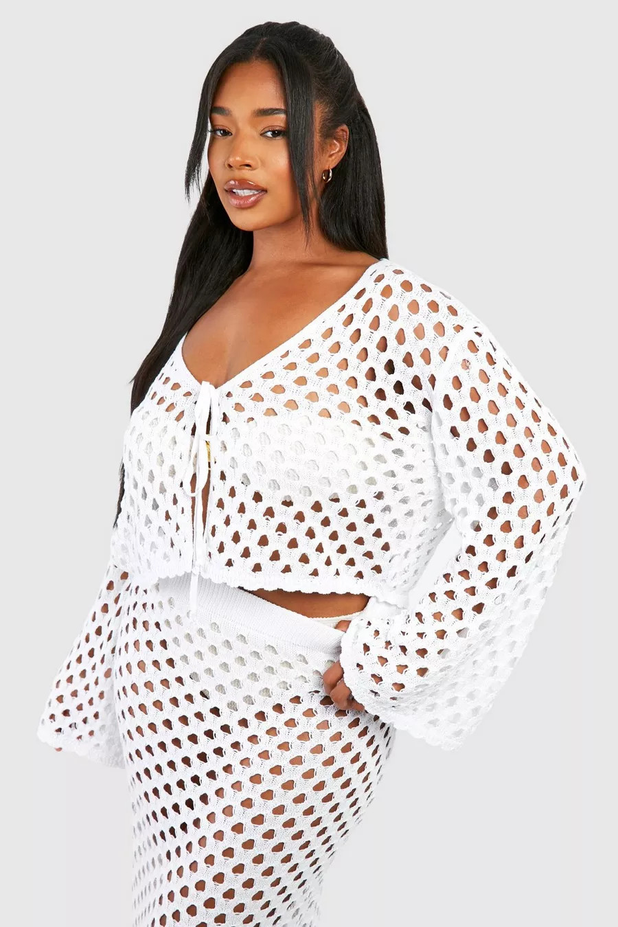 Plus Crotchet Tie Front Long Sleeve Beach Top | boohoo (US & Canada)