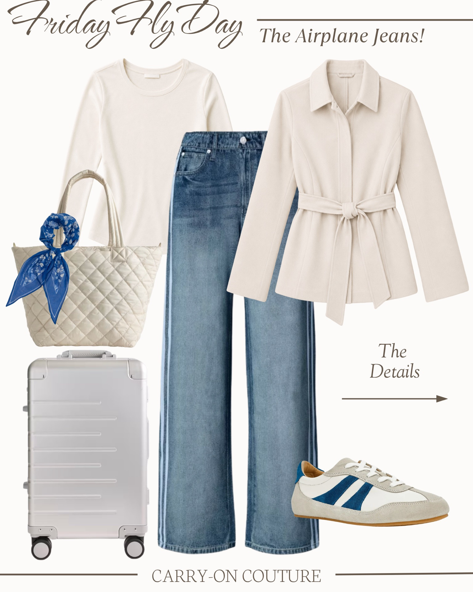It’s Friday Fly-Day, my favorite day of the week, when we celebrate our love for travel and cute outfits!⁣⁣

The Jeans:  They look like jeans, but no!  They’re SWEATS!  And the perfect jeans for your next flight…and they’re so comfortable, even for a long haul!  

The Jacket:  Stylish with shape thanks to the removable sash.  It looks elevated pulling outfits together, but it’s also soft and cozy and a great companion for a chilly flight.

The Sneakers:  The retro style is still in for your summer travels.  Why not add a pop of color and fun to your wardrobe?

The Tote:  A luxury brand dupe at a fraction of the cost!

The Carry-On Suitcase:  Gorgeous, high-quality, luxury features, and international size.  (Note: If you’re trying to stay with an airline’s weight restriction, this bag may weigh more than you’d like, but for trips where weight doesn’t matter, it’s a great choice.)
_______________

Hi, I’m Haley.  I created Carry-On Couture to help you curate functional AND beautiful travel capsule wardrobes specifically designed for carry-on travel.  Thank you for being here!

#LTKOver40 #LTKTravel