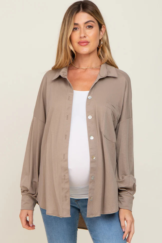 Taupe Button Down Front Pocket Maternity Top | PinkBlush Maternity