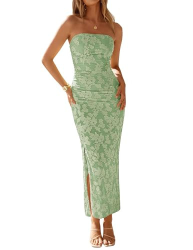 ZESICA Women's 2026 Summer Floral Strapless Maxi Dress Bodycon Mesh Beach Vacation Wedding Guest Cocktail Party Long Dresses, Light Green, S | Amazon (US)
