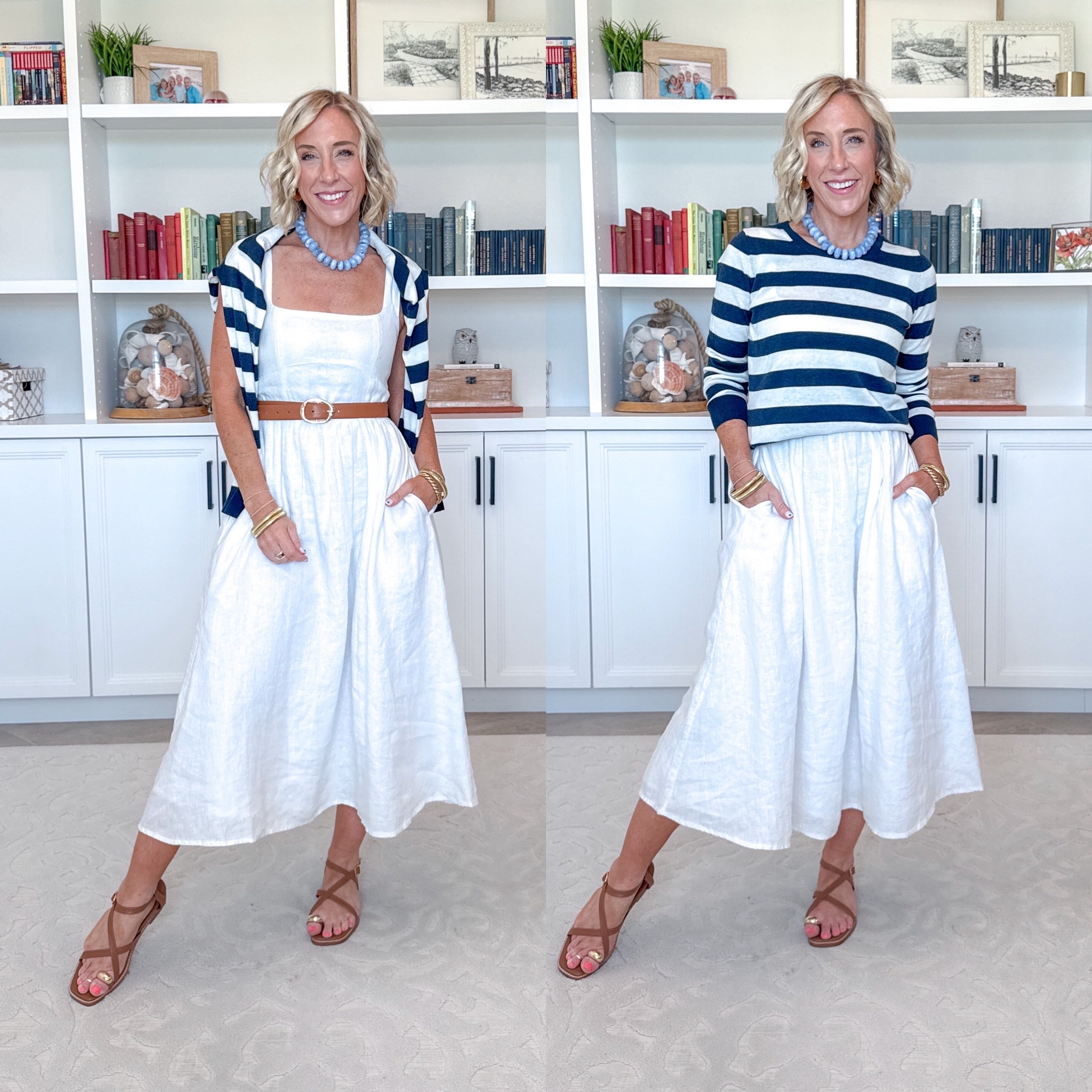 One White Dress - 6-ish ways to wear it: * 100% European Linen Fit & Flare Midi Dress - size XS. 11 colors. Striped Lightweight Sweater (over shoulders AND on) - size Small. 36 colors.

#LTKSeasonal #LTKOver40 #LTKTravel
