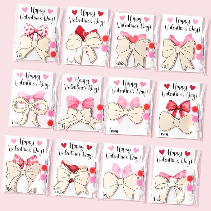 Kathfly 36 Pack Valentines Day Gifts for Kids Wooden Bow Unfinished Painting DIY Craft Kits with ... | Amazon (US)