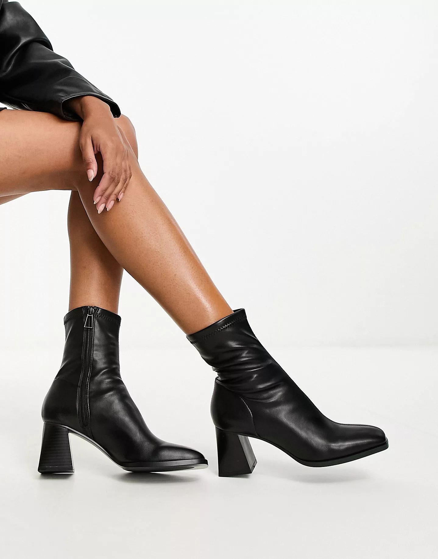 Stradivarius square toe flared heel boot in black | ASOS (Global)
