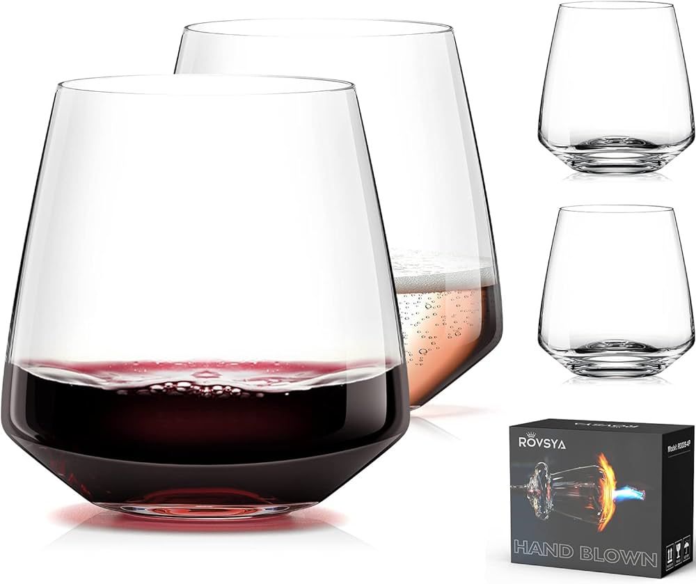 Stemless Wine Glasses Set of 4-13.5oz，Hand Blown Crystal Red White Wine Glasses - Unique gifts ... | Amazon (US)