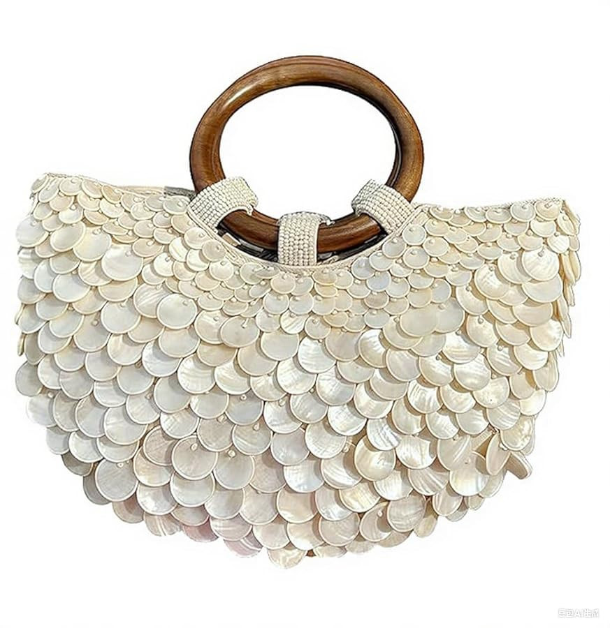 Shell Embellished Evening Purse, Summer Shell Beaded Clutch Bag with Wood Handle, Vacation Handba... | Amazon (UK)