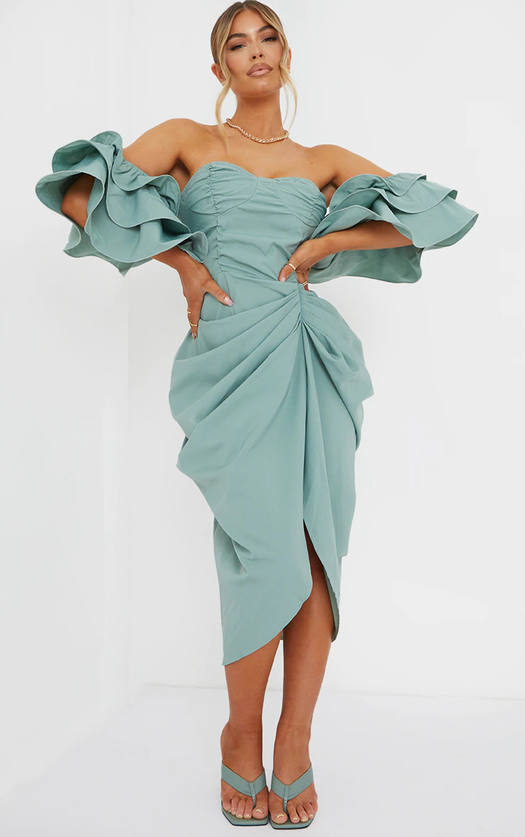 Sage Green Bardot Frill Sleeve Draped Midi Dress | PrettyLittleThing UK
