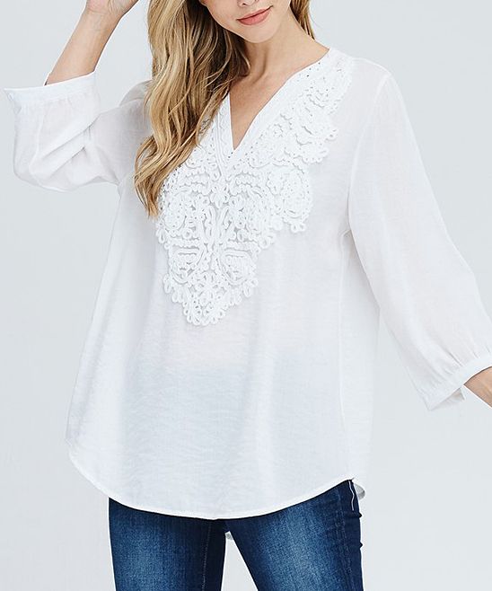 White Lace-Front Three-Quarter Sleeve Top - Women | Zulily