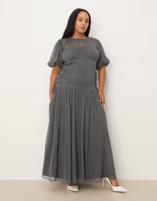ASOS DESIGN Curve puff sleeve chiffon maxi dress in charcoal gray | ASOS | ASOS (Global)