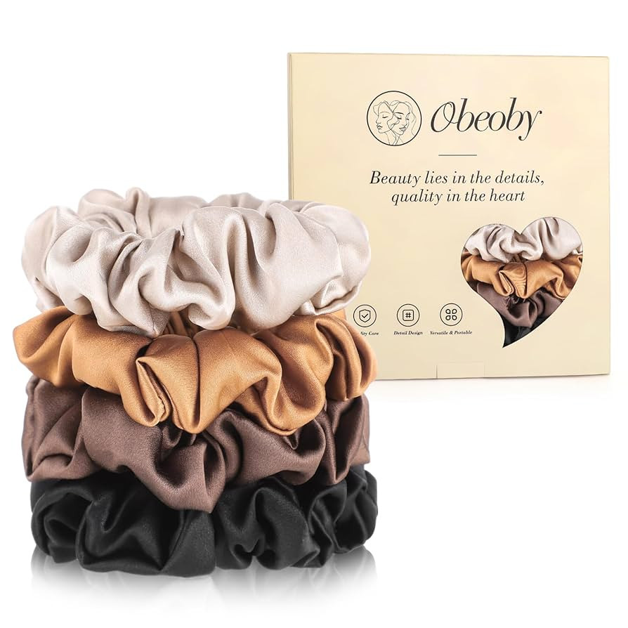 4 Pack Mulberry Silk Scrunchies, Brown Silk Hair Ties for Hair Sleep No Damag Satin Scrunchies St... | Amazon (US)