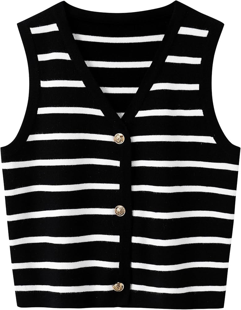 Women's Sleeveless Striped Sweater Vest Cropped Button Down Knit Vest Tops 2025 Trendy Outfits | Amazon (US)