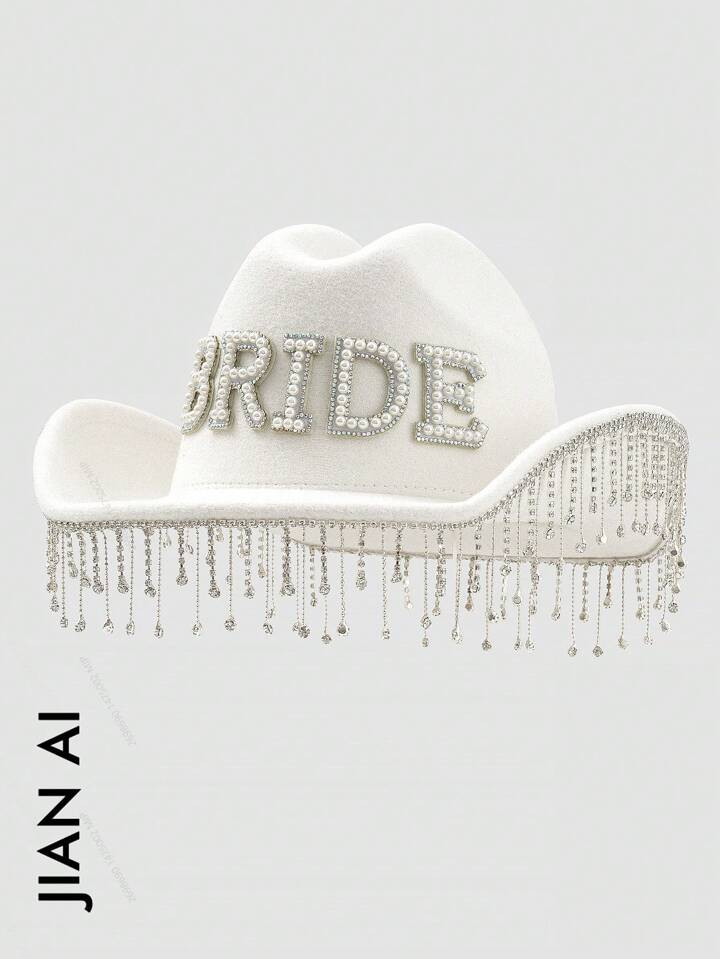 1PC Women's Solid Color Shiny Bling Wedding Hat. Unique Luxurious Crystal Pendant Design Paired With Faux Pearl Letter'BRIDE'Novel Interesting Punk-Style KJ-Inspired Wide-Brimmed Bridal Veil Hat Boho Ridge Cowgirl Hat Beach Hat Panama Hat Sun Hat Jazz Hat Cowboy Hat | SHEIN