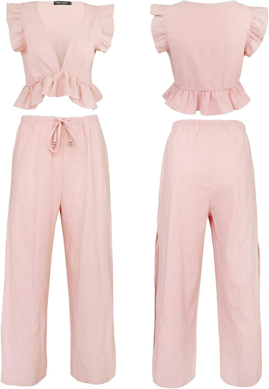 FANCYINN Womens 2 Pieces Outfits Deep V Neck Crop Top Side Slit Drawstring Wide Leg Pants Set Jum... | Amazon (US)