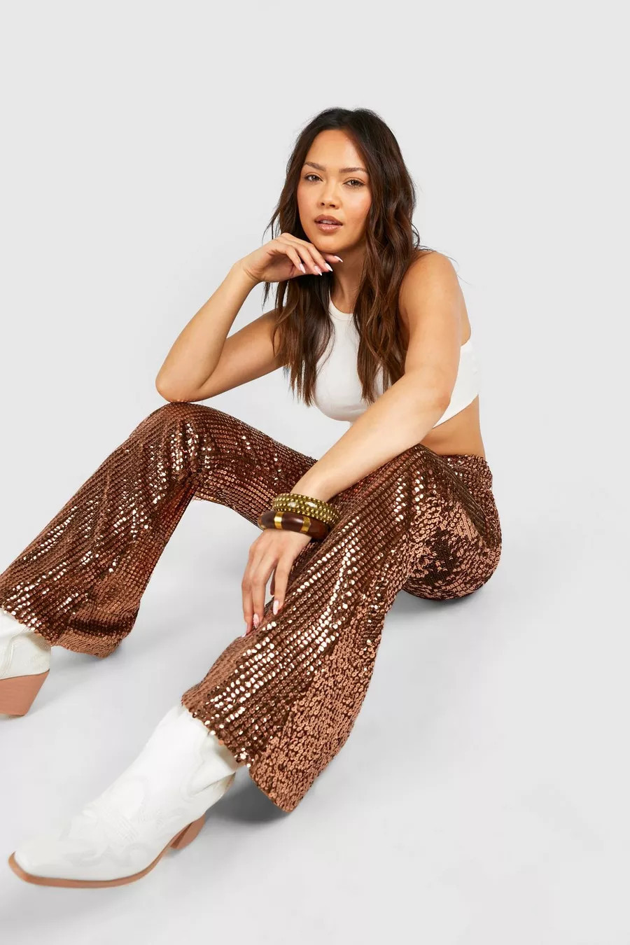 Festival High Waist Sequin Flare Trousers | Boohoo.com (UK & IE)