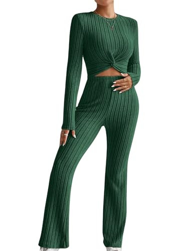 WDIRARA Women's 2 Piece Ribbed Knit Outfit Twist Front Stretch Round Neck Long Sleeve Tee and Flare Leg Pants Set Dark Green X-Small | Amazon (US)