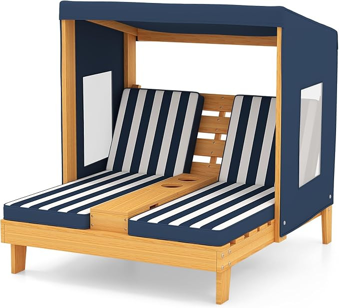 with Cup Holders & Cushions, Kids Pool Lounger with Canopy, Wood Patio Furniture for Children Boy... | Amazon (US)