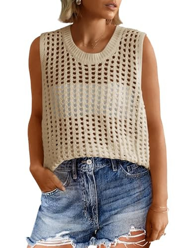 Fisoew Womens Summer Crochet Tank Tops Sleeveless Scoop Neck Loose Knit Sweater Vest Boho Hollow Out Beach Cover Ups Beige | Amazon (US)