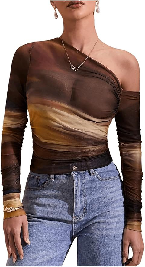 MakeMeChic Women's Tie Dye Asymmetrical Neck Long Sleeve Ruched Tee Shirt Crop Tops | Amazon (US)