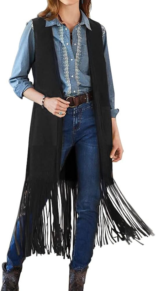 Beyove Womens Sleeveless Cardigan Vest Open Front Draped Long Duster with Pockets Tassels Hem | Amazon (US)