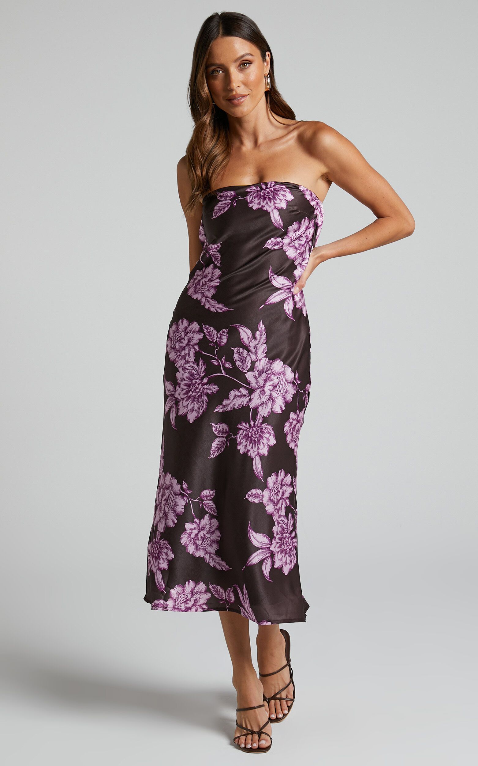 Charlita Midi Dress - Strapless Cowl Back Dress in Purple Floral | Showpo (ANZ)